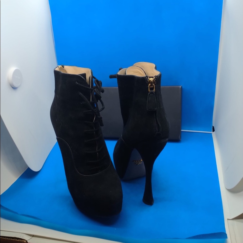 $990🔥 PRADA 135mm Black Platform‎ Suede Lace Up Bambu Zip Ankle Boots 7.5 EU